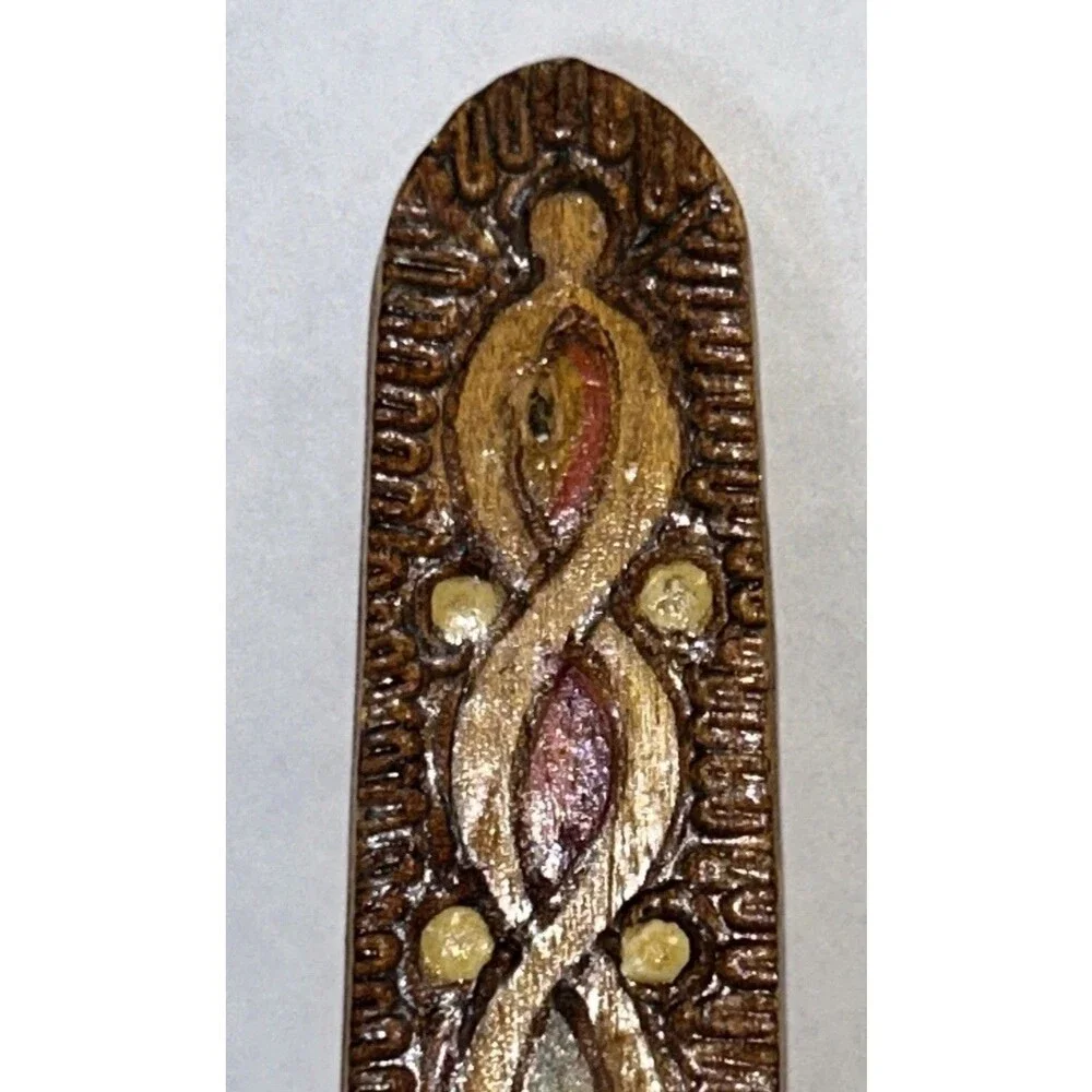 Hand Carved & Painted Wood Small Serving Fork & Spoon Set with Flowers